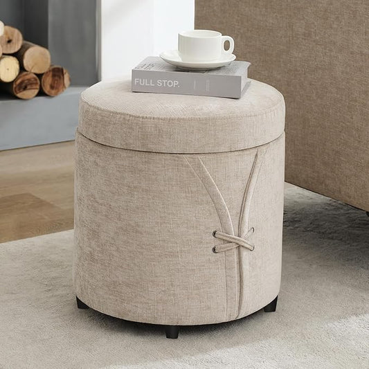 16.5 inch Tufted Small Round Storage Ottoman, Modern Upholstered Ottoman with Soft Padded Seat, Chic Round Vanity Foot Stool with Removable Lid,Light Brown