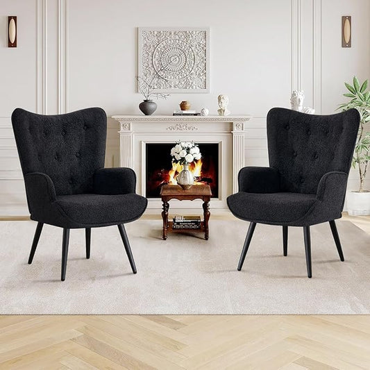Furniliving Boucle Accent Chair for Living Room, Upholstered Reading Chair with High Backrest, Tufted-Button Wingback Armchair for Bedroom, Dressing Room, Home Office, Black, Set of 2