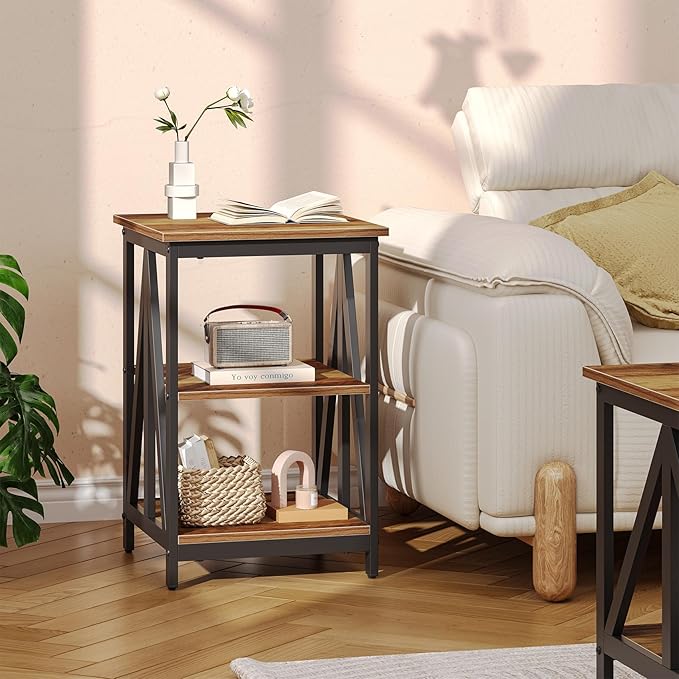 Bigbiglife Living Room Coffee Table Set of 3, Industrial Triangular-Design Coffee Table and 2 End Side Tables, 3 Piece Living Room Table Set with Large Storage for Apartment Home (Rustic Brown)