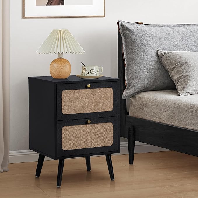 16" Wooden Nightstand with 2 Storage Drawer, Farmhouse Bedside End Table with Linen Decor, Modern for Night Stand Bedroom, Living Room & Small Spaces (Black)