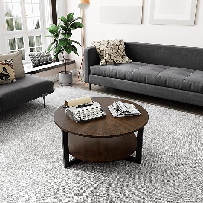 Round Coffee Table with Storage Shelf, 33.5in Circle Accent Center Table with Black Metal Legs, 2-Tier Industrial Cocktail Table for Living Room, Brown-1338NC