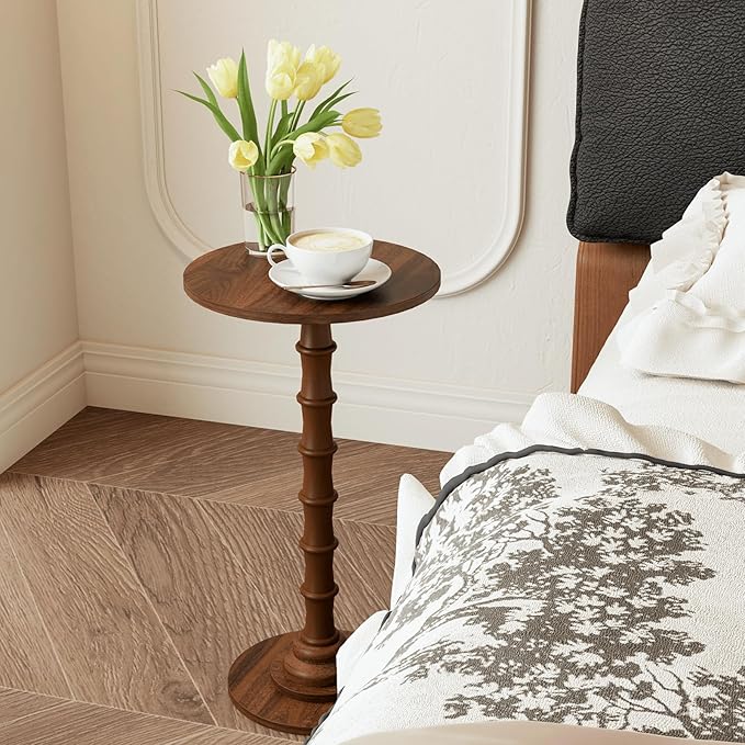 Round Side Table, Modern Drink Table for Small Spaces, Slim End Table with Solid Wood Leg for Living Room, Bedroom, Corners, and Office (Walnut Brown)