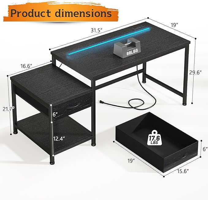 Gaming Desk with Printer Shelf & Storage Shelves,48.1 Inch Computer Desk with LED Lights & Power Outlet,Office Desk with Headphone Hook,Reversible Corner Desk for Bedroom,Black