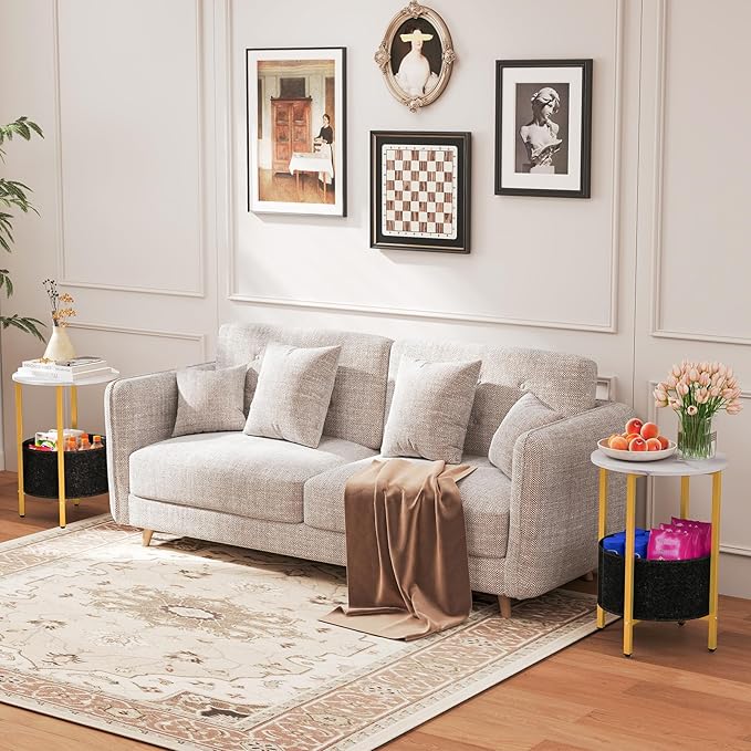 Giantex Round End Table, Small Side Table with Removable Fabric Basket, Modern Bedside Table with Metal Frame, Sofa Couch Accent Table for Small Space Living Room, Nightstand for Bedroom, White