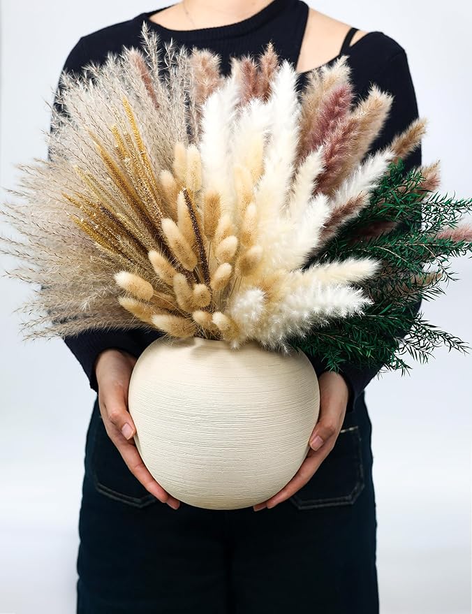 100 PCS Pampas Grass (Vase Not Included), Dried Flowers Bouquets, Wedding Table Decor, Bedroom, Rustic Farm Decor.(Green)