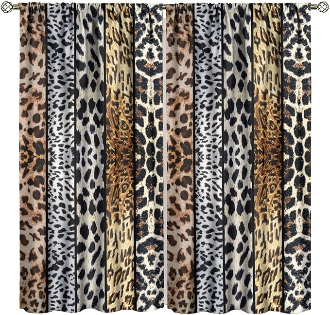 Leopard Print Blackout Curtain, Rustic Wild Animal Skin Farmhouse Fur Leopard Print Drapes, Rod Pocket Window Treatments 2 Panels Curtains for Kitchen Living Room Bedroom Cafe Decor 84"W X 84"L