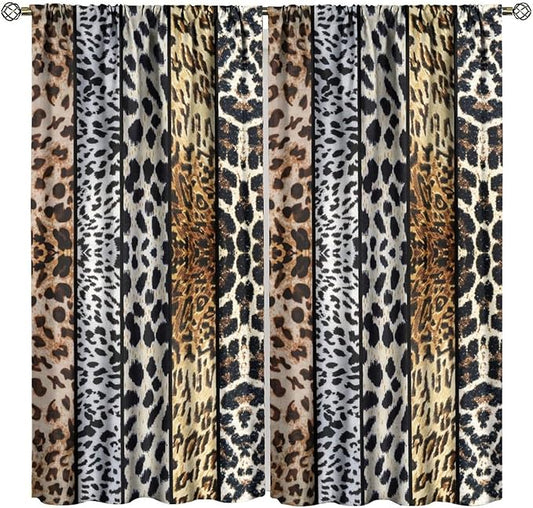 Leopard Print Blackout Curtains, Rustic Wild Animal Skin Farmhouse Fur Leopard Print Rod Pocket Curtain Window Treatments 2 Panels Drapes for Nursery Living Room Bedroom Office Decor 42"W X 45"L