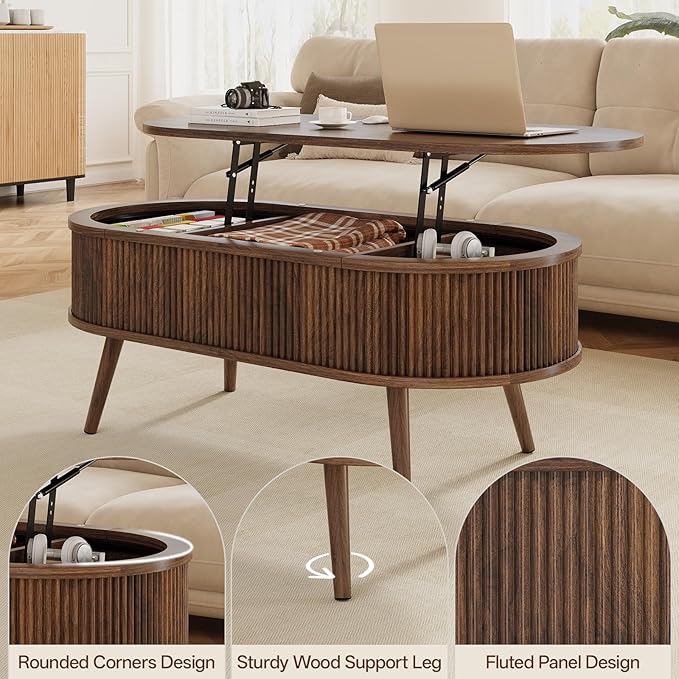 Mid Century Oval Coffee Table, Fluted Center Table with Lift Top, Modern Dining Table with Storage for Living Room Home Office, 39.4", Walnut