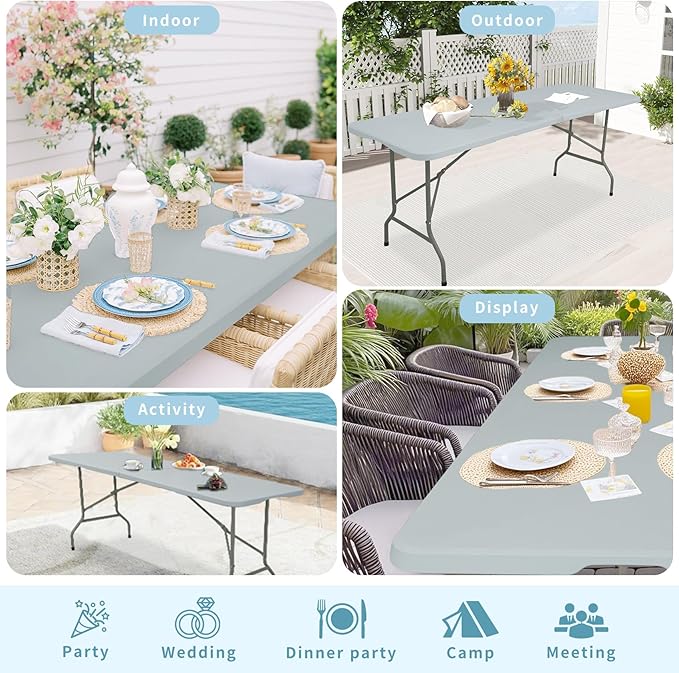 Set of 2 Folding Table 6 FT Lightweight Camping Table Portable Plastic Rectangular Outdoor Dining Table Steel Legs Fold-in-Half with Carrying Handle for Indoor,Picnic,Party,Wedding,Events(Grey)