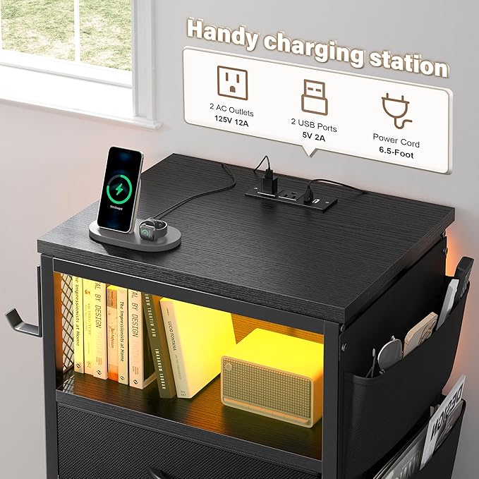 EnHomee Tall Night Stand Set 2 with 5 Drawers, LED Nightstand with Ports & Outlets, Bedside Table with Extra Side Bag & Storage Shelf & Hooks, Bedroom, Dorm, Closet