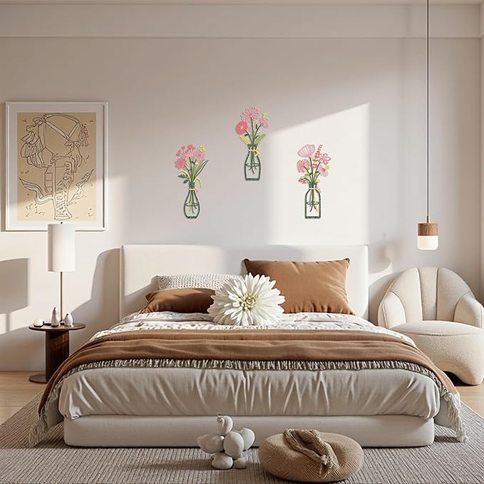 Iron Metal Vase Flower Wall Art Set of 3 - Minimalist Black Floral Decor for Living Room Bedroom Kitchen, Office Garden - Modern Farmhouse Home Decor & Housewarming Gifts (Green-Pink)