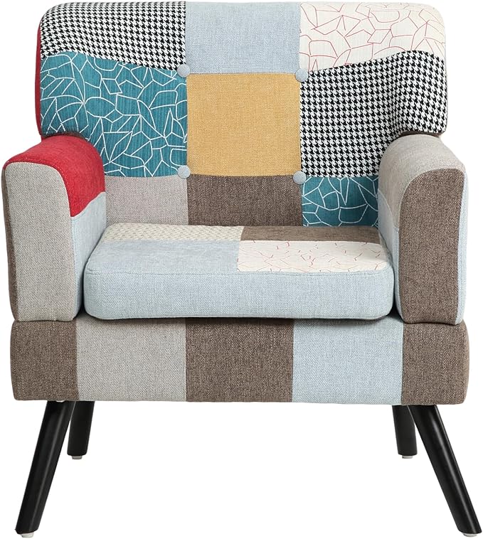 Modern Colorful Accent Chair,Boho Side Chair with Wood Leg,Comfy Upholstered Patchwork Chairs Cozy Comfy Armchair s for Living Room,Bedroom