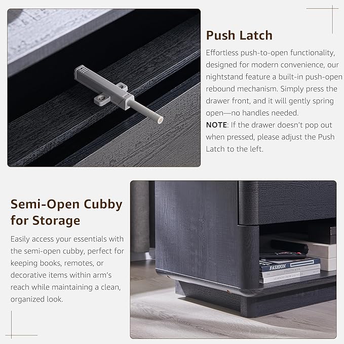 ACCOHOHO Nightstand Set of 2 with Charging Station, 22" Large Modern Bedside Table with 2 Drawers Storage,Push-to-Open End Table for Bedroom,Living Room,Black