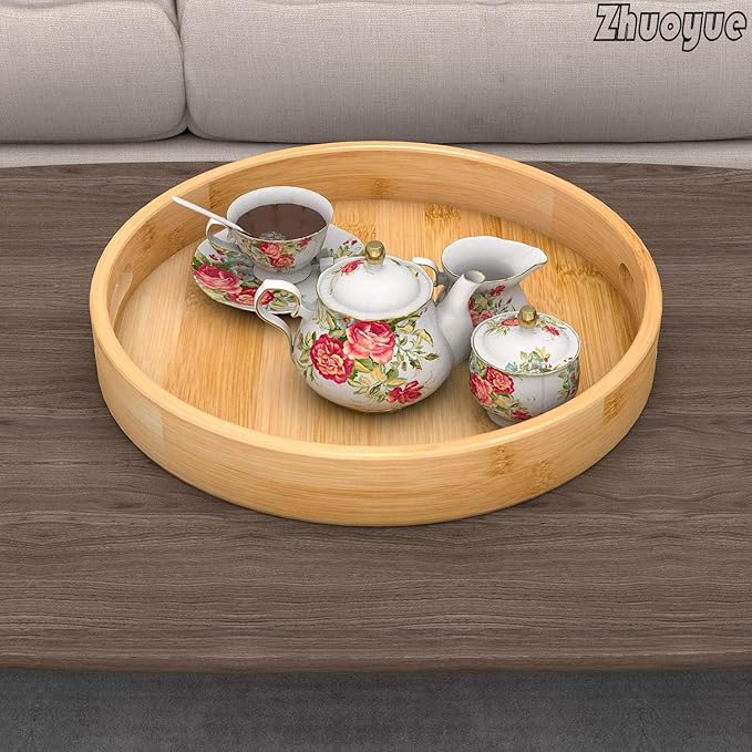 Zhuoyue 13“ Round Serving Tray with Handles - Wood Bamboo Decorative Tray for Ottoman, Coffee Table Circle Tray for Food, Cocktail, Drink