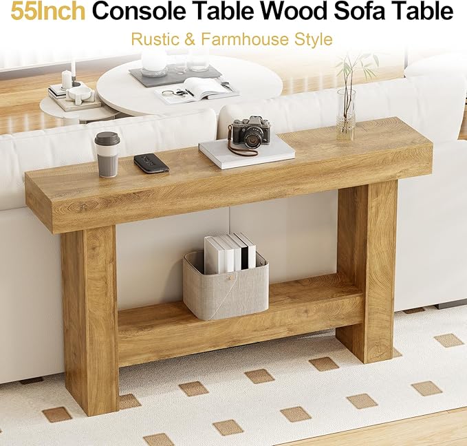 Farmhouse Console Table, 55'' Entryway Tables with Storage, 2-Tier Wooden Modern Console Tables Rectangular Sofa Table for Living Room, Entrance, Hallway (Grayish Brown)