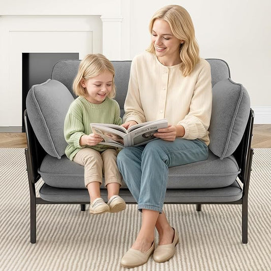 Modern Accent Chair for Living Room, Oversized Reading Chair with Solid Metal Legs, Upholstered Fabric Armchair with Side Pockets and 2 Pillows, Accent Chairs for Bedroom, Nursery, Blue Gray