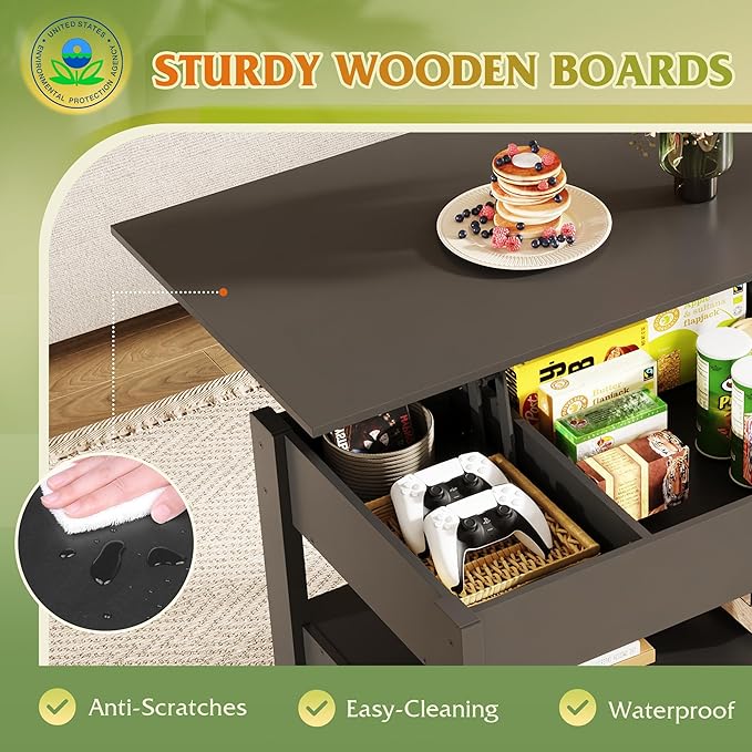 WLIVE Coffee Table, Lift Top Coffee Table with 2 Drawers, Large Hidden Hidden Compartment and Open Shelf, Lift Tabletop, Dining Table for Living Room, Black