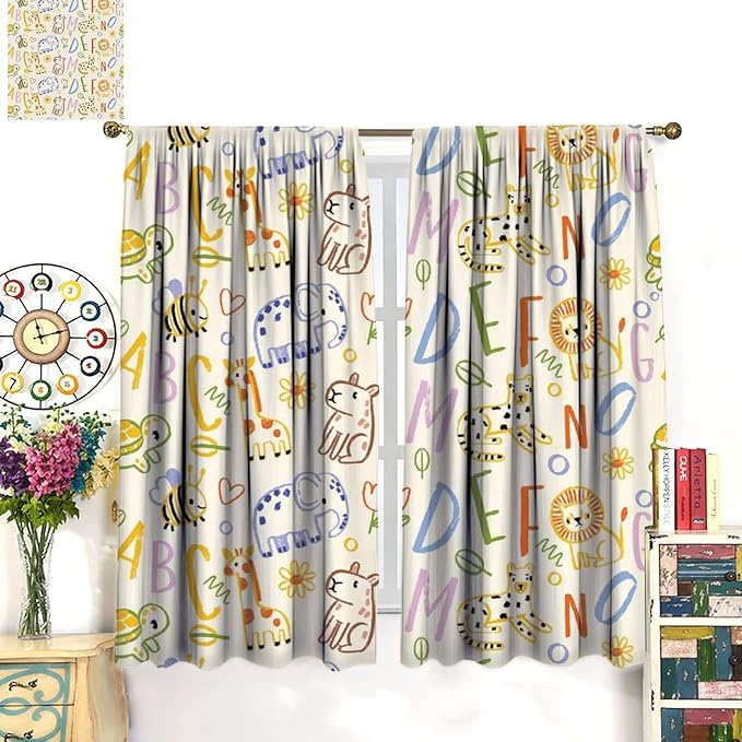 BAEKJIN Kids Alphabet Curtains， Hand Drawn Colorful ABC Letters and Animals Pattern Print Decor Window Drapes for Bedroom Living Room 42x45 Inch