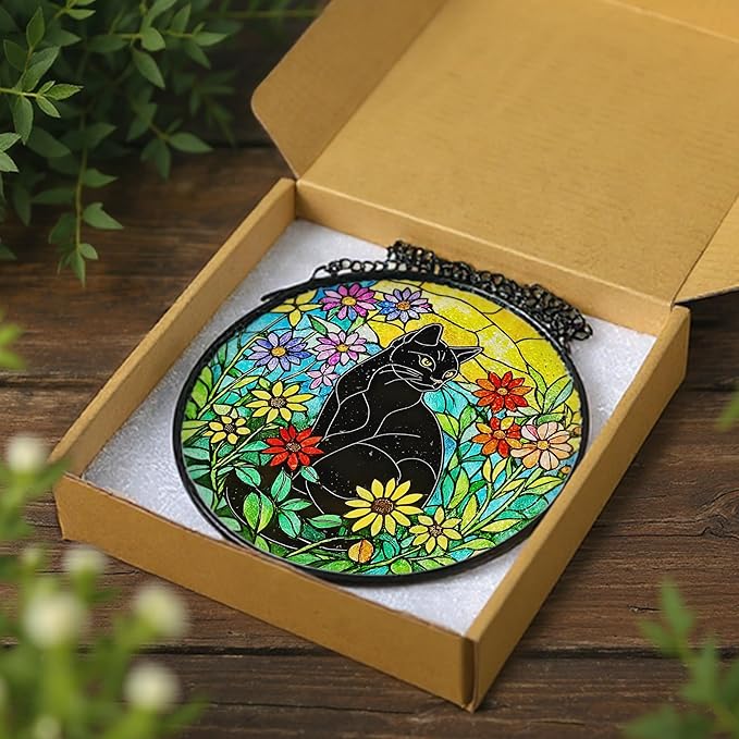 Black Cat Stained Glass Window Hanging, 8 Inch Sun Catchers Indoor Window, Suncatchers for Windows Hanging, Home Decor and Christmas, Festival, Mother's Day, Birthday, Gifts for Women, Men, Cat Lovers