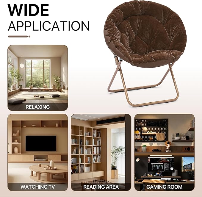 Athena Collection Comfy Saucer Chair Folding Cozy Chair for Bed Room Living Room Accent Chair Faux Fur Reading Chair Foldable Metal Frame Lazy Chair Moon Chair for Adult, Brown