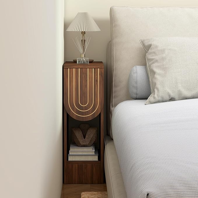 Narrow Nightstand, Mid-Century Modern Bedside Table with Carved Drawer and Storage Shelf, Slim Side End Table for Bedroom Small Space, Wooden Farmhouse Night Stand (1, Walnut)