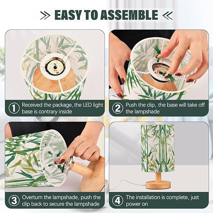 Table Lamp Green Bamboo Boho Design Nightstand Lamp with Wood Base Fabric Lamp Shade Bedside Desk Lamp for Living Room Bedroom Kids Room Office