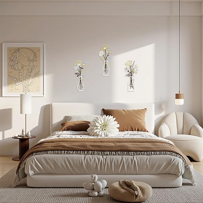 3 Pieces Metal Flowers Wall Art Decor, House Minimalist Bathroom Wall Decors Sculptures for Living Room Dining Room Bedroom Housewarming Gifts