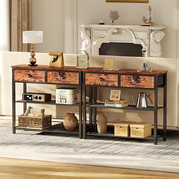 Furologee Console Sofa Table with Storage Shelf for Entry Way, Small 30'' Entryway Table with 2 Fabric Drawers, Industrial Display Shelves for Hallway, Entrance, Foyer, Rustic Brown