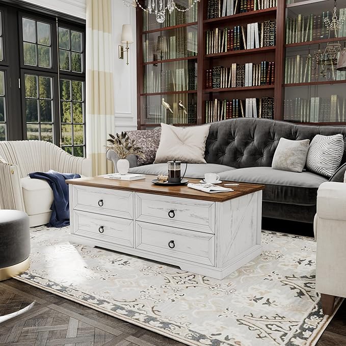 Farmhouse Coffee Table with Drawers 47 in Living Room Tables with Storage, Wooden Rustic Center Table for Reading Playing Room Home Accent Table for Dining Room Apartment, Antique White Walnut