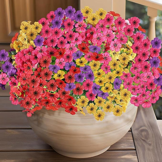 14 Bundles Artificial Flowers UV Resistant for Patio Outdoors Fake Faux Silk Plants Realistic Plastic Flowers Indoors Porch Window Home Decoration (14, Mixed Fuchsia Purple Yellow Red)
