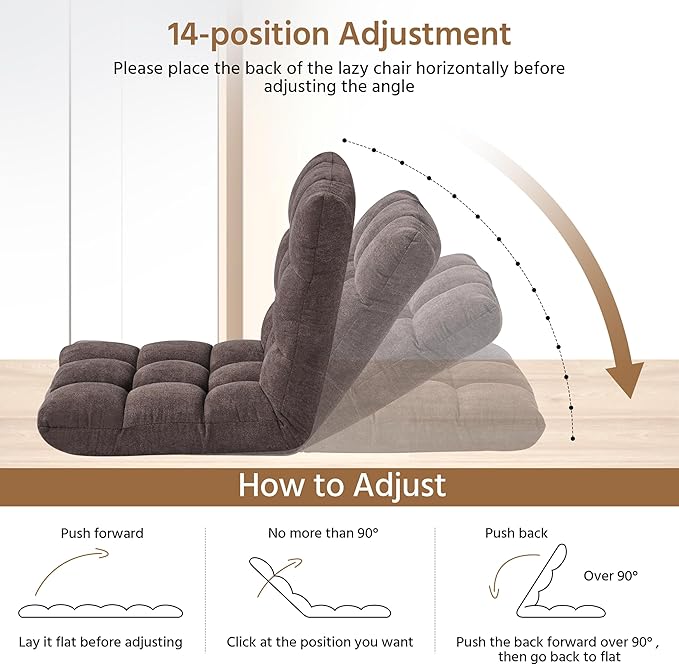 Yaheetech Floor Folding Chair with Back Support, Padded Folding Gaming Sofa Chair with 14 Adjustable Backrest, Adults Couch Recliner, Floor Seating Lounge Chair, Armless Meditation Chair, Brown