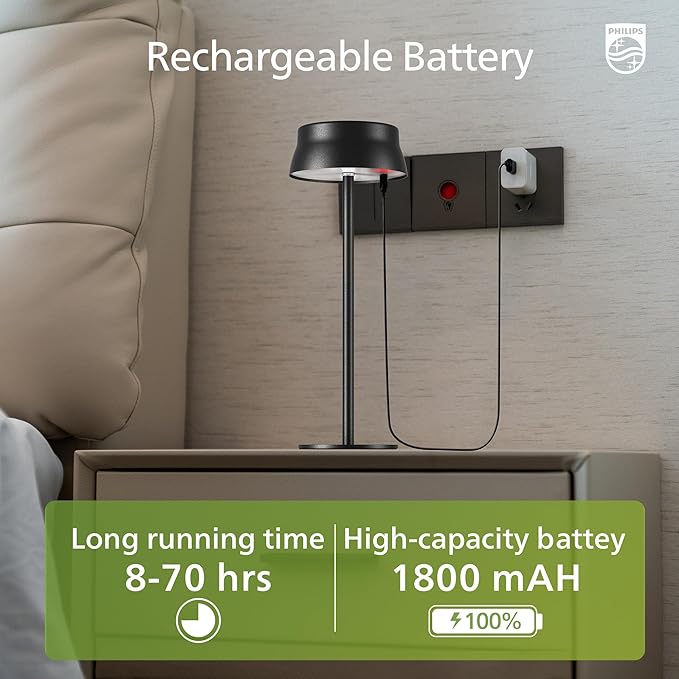 Philips Cordless Table Lamp, Portable Outdoor LED Desk Light,Rechargeable Battery Operated, 2 Adjustable Height, Touch Control & 3 Color Stepless Dimming, Waterproof Lamps for Restaurant/Bedroom
