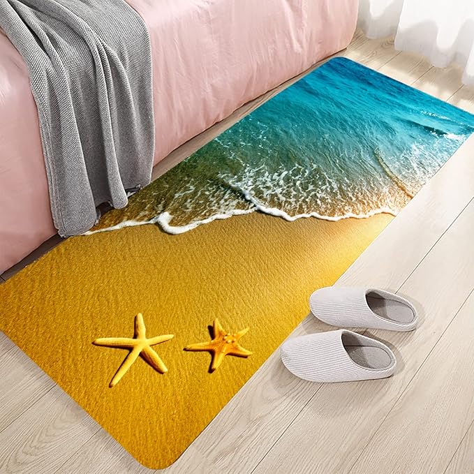 Bath Rugs Sponge Foam Absorbent Soft for Bathroom and Kitchen (47x18 inches), Flannel Mat Non Slip Bright 3D Print for Bedside and Living Room(Starfish Beach)