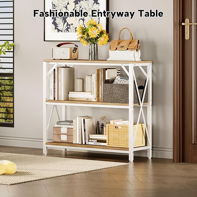 Homeiju Console Table 31.5" Width, 3-Tier Entryway Table with Storage, Industrial Sofa Table with Open Shelves, Foyer Tables for Entryway, Hallway, Kitchen, Living Room and Bedroom, Light Coffee