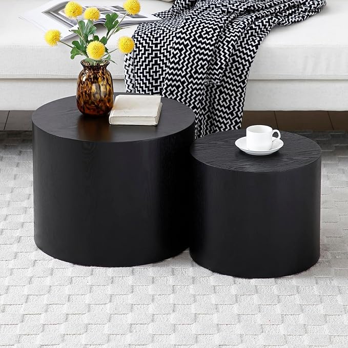 KEVINSPACE Coffee Table Nesting Tables Set of 2, Small Modern Round Coffee Table with Non-Slip Feet, Wooden Circle Accent Tables for Small Spaces Living Room Bedroom Balcony Drum Side Table Black