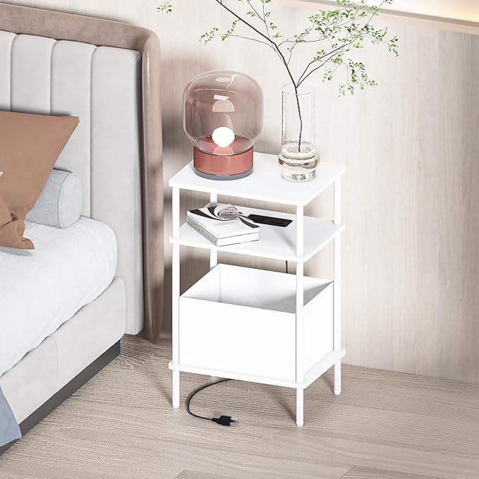 Small Side Table with Charging Station, End Table for Small Spaces, Slim Nightstand with Outlet,Sofa Beside Table, 3-Tier Storage Shelf,Living Room, Bed Room, Natrual White