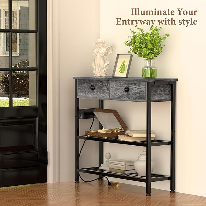 GRLEAF 32" Console Table with Outlets & USB Ports – Narrow Entryway Table with 2 Drawers and Storage Shelves, Power Strip Sofa Table for Living Room, Hallway, Kitchen, Foyer – Grey Wood Finish