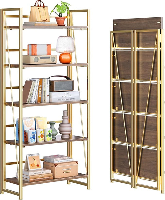 4NM No Assembly Folding Bookshelf, 5-Shelf 62.2" H Collapsible Foldable Bookcase Storage for Small Spaces, Brown and Golden