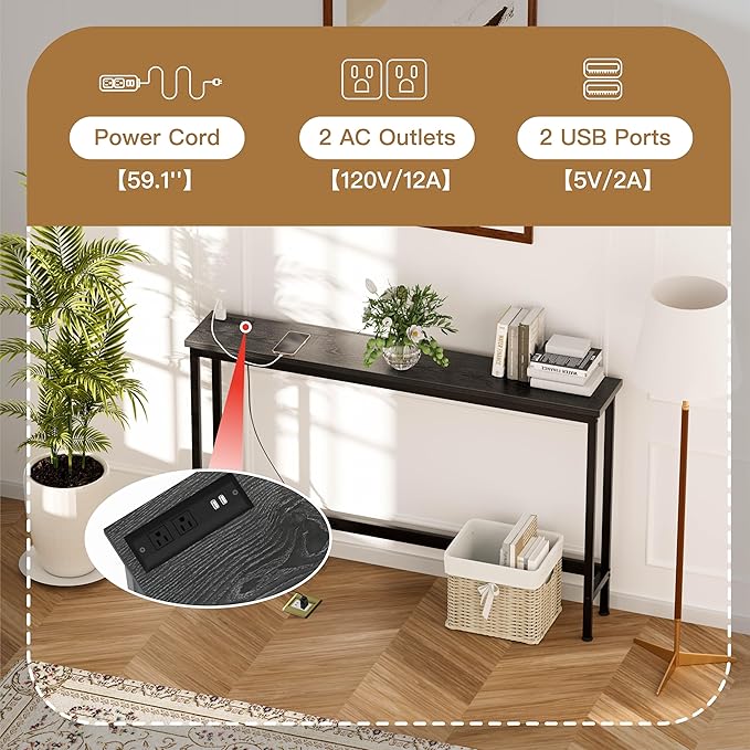 35'' High Behind Couch Table, Narrow Console Table with Outlet, Sofa Table for Entryway Hallway, Living Room, Black, Grey