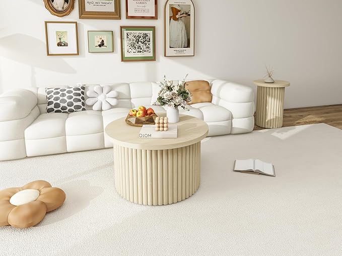 Nesting Coffee Table Set of 2, Modern Round Wooden Circle Accent Coffee Tables for Small Spaces Living Room Bedroom Balcony Office Drum Side Table