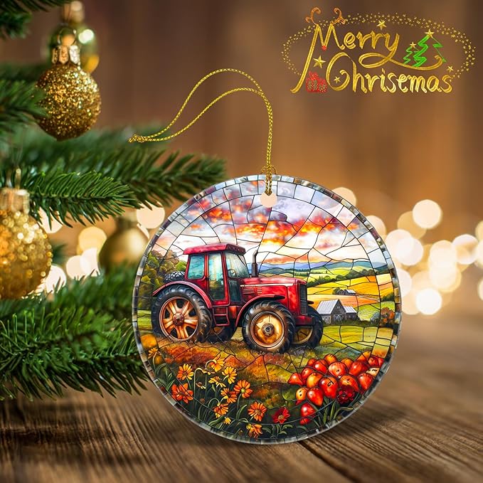 Christmas Tree Decorations Tractor Ornament, Colored Ceramic Christmas Tree Ornaments, Xmas Decorative Hanging Ornaments, Christmas Decor Indoor Home Holiday Party Gifts Tractor