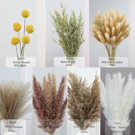 118PCS Dried Flowers Bouquet,(Vase Not Included), Dried Pampas Grass, Reed,Pompas Grass, Boho Wedding Reception,Table Centerpiece Decoration.