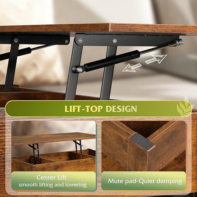 WLIVE Coffee Table, Lift Top Coffee Table with 2 Drawers, Large Hidden Hidden Compartment and Open Shelf, Lift Tabletop, Dining Table for Living Room, Rustic Brown