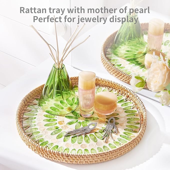 Rattan Tray with Mother of Pearl Inlay, Round Rattan Serving Tray with Wooden Base, Decorative Wicker Basket for Table Decor, Mosaic Tray for Storage and Display of Jewelry Coffee Food (Emerald green)