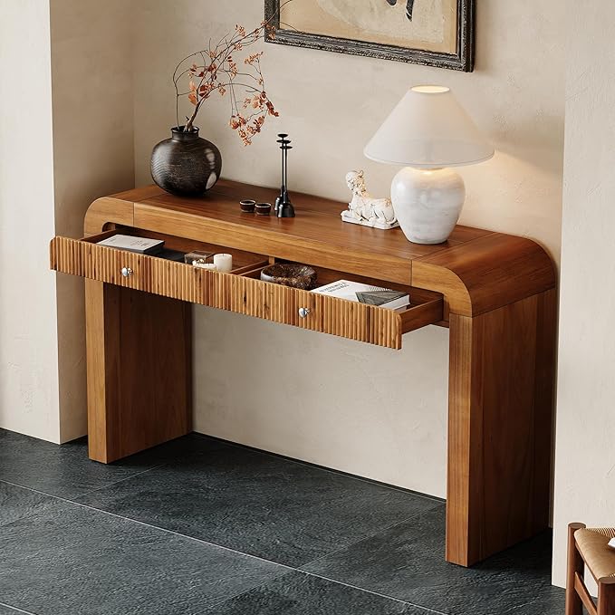 kevinplus 54.3'' Rustic Wood Console Table Sofa Table with Fluted Drawer Storage for Entryway, Modern Elegant Design & Curved Edge, Easy Assemble, Brown