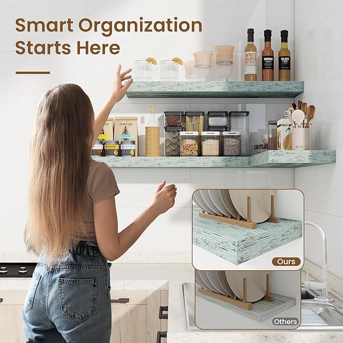 16in Floating Shelves for Wall, 16"W x 9.25"D x 1.25"H, 2 Pack Long Wall Mounted Engineered Wood Shelves with Invisible Brackets for Living Room, Bedroom, Bathroom, Kitchen Decor and Storage, Blue