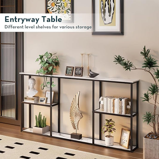 WOHOMO Console Table,Small Modern Entryway Table for Entry,3-Tier Long Sofa Table Behind Couch for Living Room,Entrance,White Marble(63 inch)