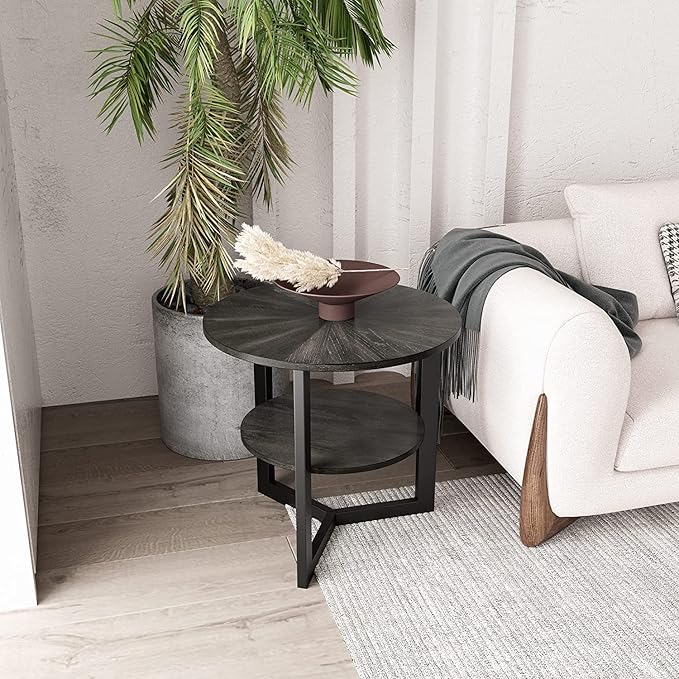 Round End Table with Storage Shelf, 25in Circel Accent Side Table with Metal Legs, 2-Tier Industrial Sofa Side Table for Living Room Bedroom, Black Brown