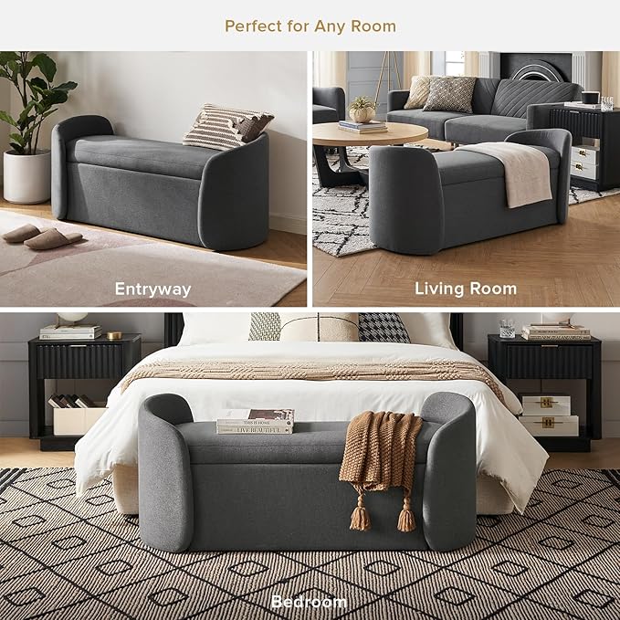 mopio Sophie 51" Ottoman Storage Bench, Entryway and Window Seating, End of Bed Curved Stool for King & Queen Bed, Storage Chest for Bedroom (Dark Gray Fabric)