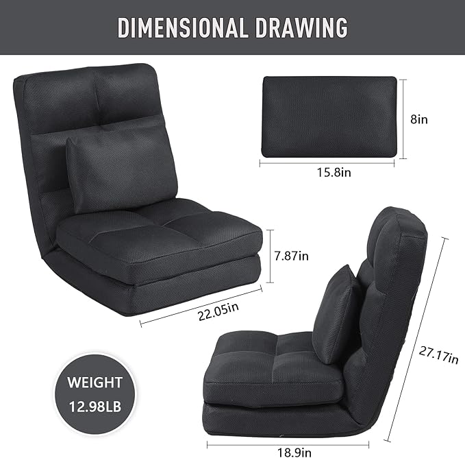 Floor Chair with Back Support for Adults Adjustable 14 Positions Video Game Chairs Foldable Floor Lounger with Pillow 8823(Black)